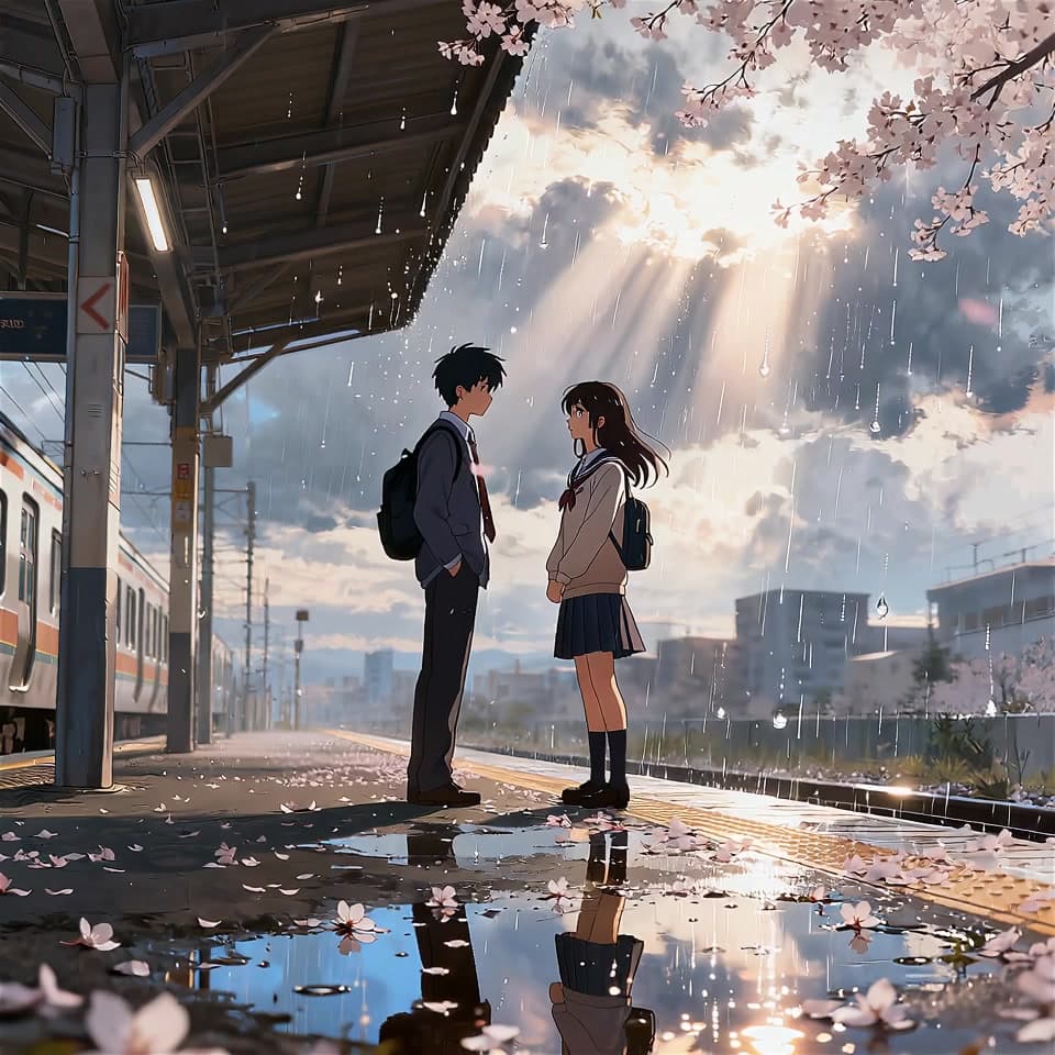 Anime characters beneath cherry blossoms on a rainy train platform